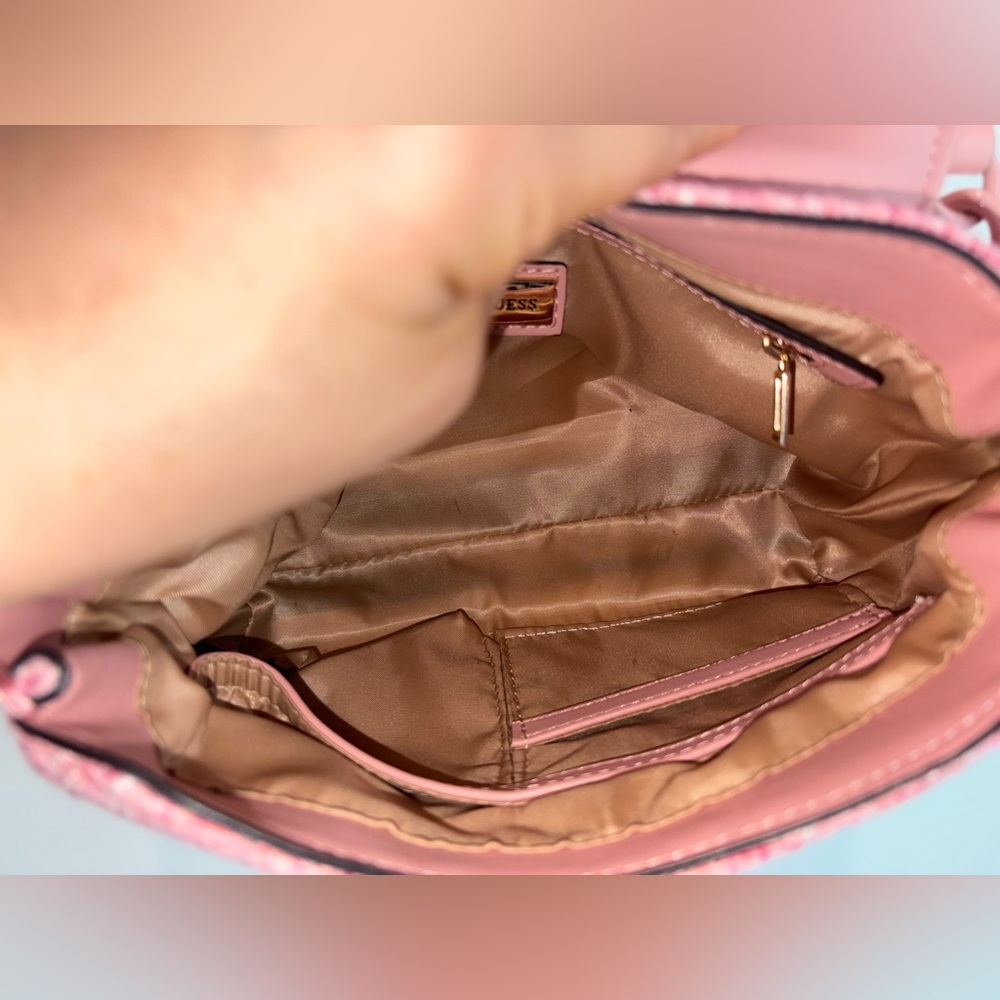 GUESS | Pink Gingham Tweed Crossbody Bag with Leather Trim - Picture 9 of 17